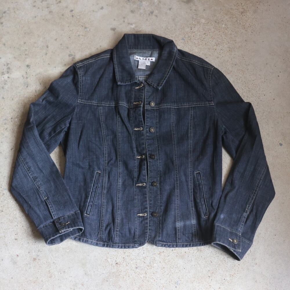 Vintage Y2K A.M.I. Dark Wash Denim Utility Jacket Size L 90s 2000s